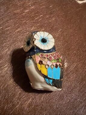Trinket Box Owl Enameled Jeweled Figurine Hinged Magnet Crystals 2.5”